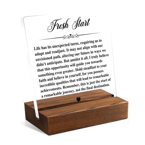 Juoqg Fresh Start Acrylic Sign with Wooden Stand, Funny Inspirational Desk Decor for Colleagues, Coworker Leaving Gifts, New Job Gifts for Staff, New Start Gifts, New Chapter Gifts for Friends