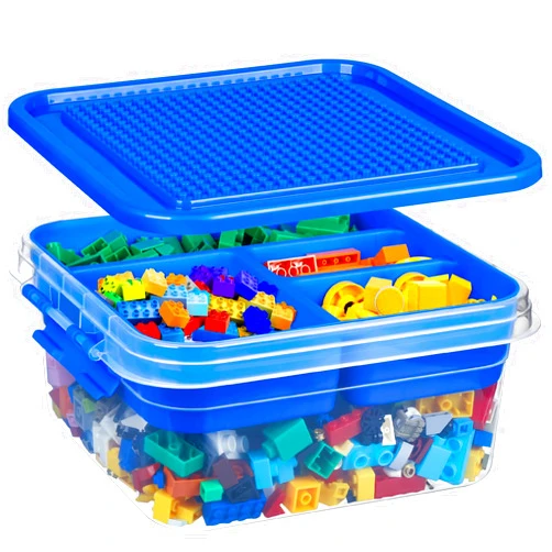 loobuu 1 Pack Toy Storage Organizer Box with Lid - Stackable Plastic Organizer Box Set, Kids Toy Chests with Compatible Building Baseplate and Lid, Storage Container for Building Bricks & Toys - Blue