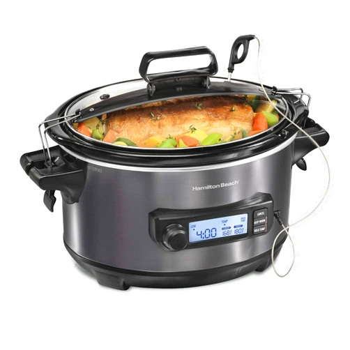 Hamilton Beach Portable 6 Quart Set & Forget Digital Programmable Slow Cooker with Lid Lock, Temperature Probe, Dishwasher Safe Crock & Lid, Black Stainless (33866)