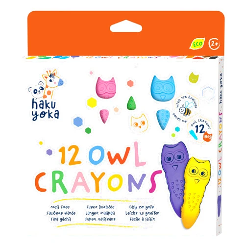 Haku Yoka Owl Crayons, 12 Colours, Mess Free, Super Durable and Easy to Grip Crayons for Ages 2 years+, Natural Beeswax & Organic Mineral Coloured Crayon