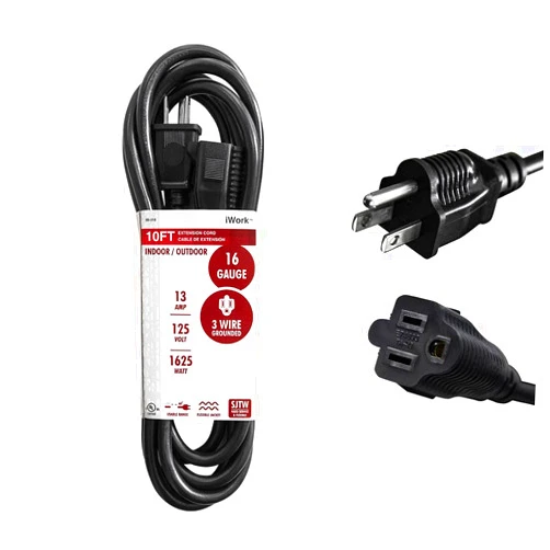 IWork 10ft Black Extension Cord, 16/3 SJTW Heavy-Duty, 10' Cable 3-Prong Grounded Plug, Weather-Resistant Power Strip, UL Listed, 13 Amp/1625 Watt Capacity, 10-Foot Extension Cords for Indoor/Outdoor