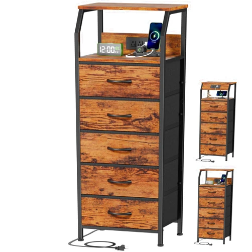 Furnulem 5 Drawers Dresser with Charging Station, Tall Night Stand with Storage Shelf, Fabric Chest of Drawers, Bedside Table for Closet, Entryway, Bedroom Furniture, 3 Ways to Use, Rustic Brown