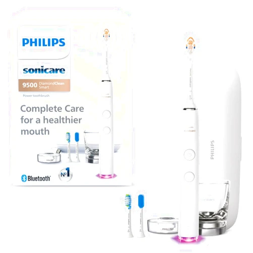 Philips Sonicare DiamondClean Smart 9500 Electric Toothbrush, Sonic Toothbrush with App, Pressure Sensor, Brush Head Detection, 5 Brushing Modes and 3 Intensity Levels, White, Model HX9923/01