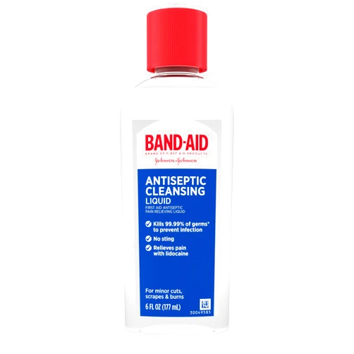 Band-Aid Brand Antiseptic Cleansing Liquid, First Aid Antiseptic Wash Relieves Pain & Kills Germs, with Benzalkonium Cl Wound Antiseptic & Lidocaine HCl Topical Analgesic, 6 fl. oz