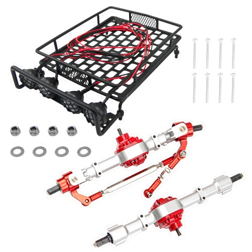 Share Goo Metal Front & Rear Axle Assembly Set Bridge Shaft Steering Cup Rod Complete Set & 152mm x 107mm RC 1/12 Metal Roof Rack Luggage Basket with 4LED Light Set