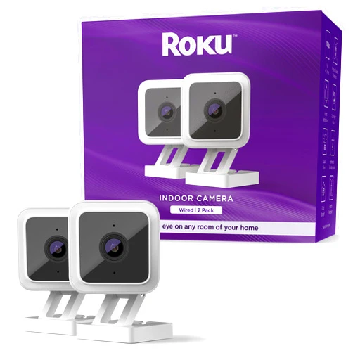 Roku Indoor Camera for Home Security, 2-Pack - Wired Security Camera with 1080p HD Color Night Vision, Works with Alexa & Google, Motion & Sound Detection, Built-in Siren, 90-Day Subscription Included