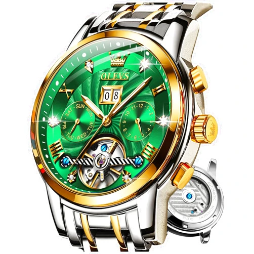 OLEVS Watch Men Automatic Self Winding Watches for Men Stainless Steel Mechanical Diver Large Dial Skeleton Classic Waterproof Diamond Date Men's Wrist Watches Relojes para Hombres