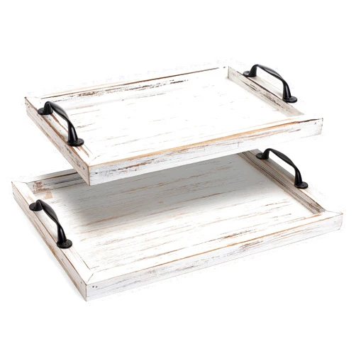 Gennua Kitchen Rustic Serving Tray with Handles - 2 Nesting Trays for Serving Food - Wooden Tray for Decor, Coffee Table & Ottoman - Large Serving Tray with Distressed White Finish to Complement Any Decor