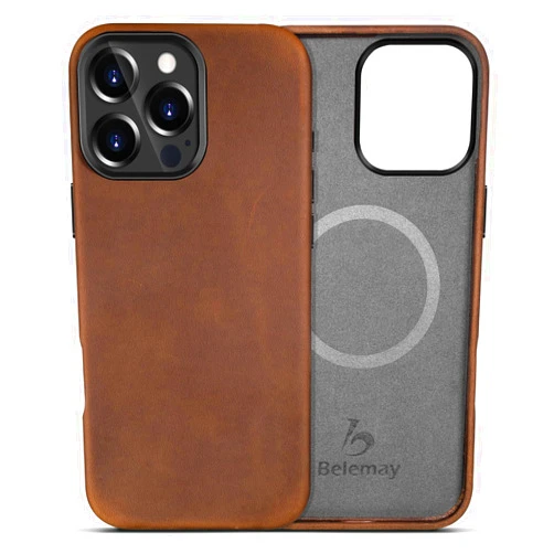 Belemay Compatible with iPhone 16 Pro Leather Case, Compatible with Magsafe, Premium Crazy Horse Leather [Vintage Aesthetic] Comfort Grip, Metal Buttons & Camera Bump Frame, (6.3