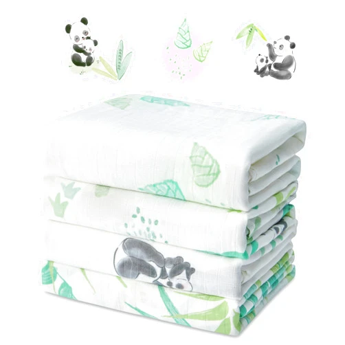 IBESTOPIA 4-Pack Baby Muslin Swaddle Blankets, 47 x 47 Inches, Soft Breathable Bamboo Cotton Blend, Lightweight Receiving Blanket for Newborns and Infants, Whimsical Pandas