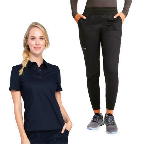 Cherokee Women Scrub Set Tuckable Snap Front Polo Shirt WW698 With Modern Classic fit Mid Rise Waist Scrub Jogger Pant WW115