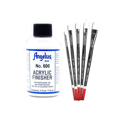 Angelus Acrylic Leather Paint Finisher No. 600-4oz and 5 Piece Paint Brush Set Combo Bundle