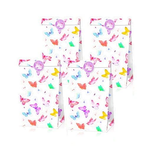 COSFAN 12pcs Paper Gift Bags with Stickers Butterflies Treat Paper Bags Flat Bottom Kraft Gift Bags Candy Gift Bags Birthday Party Wedding Supplies