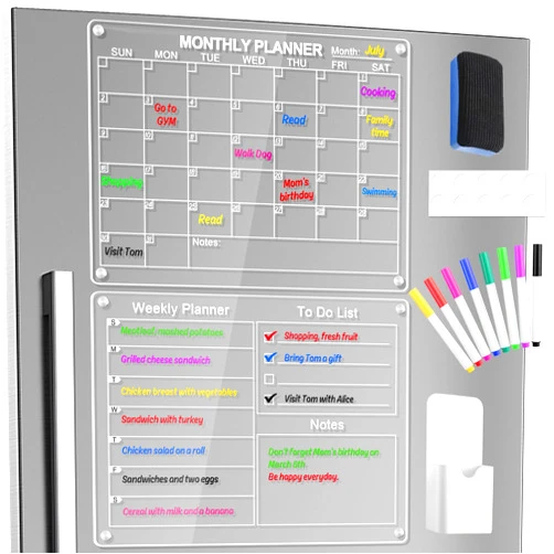 Jibeufi Acrylic Magnetic Monthly and Weekly Calendar for Fridge, Reusable Clear 2 Set Dry Erase Menu Planner for Kitchen, 16
