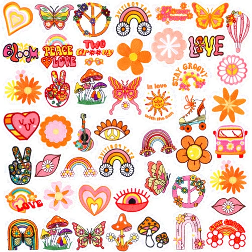 Tigeen 48 Pcs Chenille Iron on Patches, Iron on Knee Patches Cute Repair Patches Kit Embroidered Patches Sew on Applique DIY Accessory for Backpack Clothes Pants Hats Jeans (Hippie)