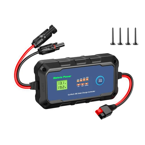 Bateria Power 30A Solar Charge Controller 12V 24V, Bateria Power PWM Intelligent Plug and Play Portable Solar Regulator, LCD Display for Solar Panels Compatible with LFP AGM SLD FLA, for RV, Off-Gird (SunRock 30E)