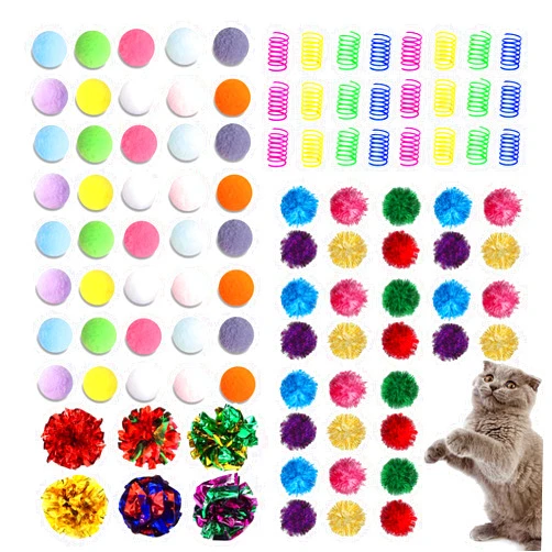 POSAPET Cat Toys Assortment - Interactive Kitten Toy Bundle with Sparkle Pom Pom Balls, Crinkle Balls & Spring Toys for Indoor Cats(100-Pack)