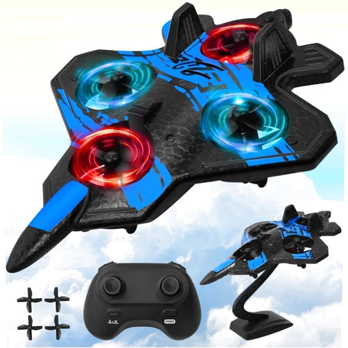 Ykanzz Remote Control Airplane for Beginners, 2.4GHz V17 Jet Fighter Stunt RC Airplanes, ABS, 3D Flip, Stunt Roll, Cool Light, 2 Batteries, RC Planes for Kids 8-12, Blue