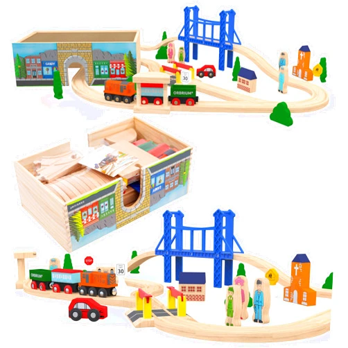 Orbrium Toys 52 Pcs Deluxe Wooden Train Set with 3 Destinations Fits Thomas, Brio, Chuggington, Melissa and Doug, Imaginarium Wooden Train