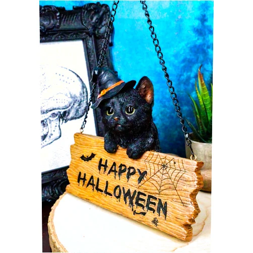 Ebros Gift Ebros Adorable Lifelike Black Kitten Cat with Witch Hat Holding Happy Halloween Plank Sign Branch Wall Ceiling Hanger Figurine Halloween Witches Wicca Feline Cats Decor