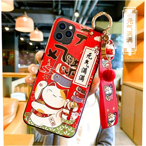 Yvonnecy Compatible with iPhone 15 Case with Phone Lanyard, 6.1 inch Cute Japanese Lucky Cat Design, Glitter Luxury Soft Silicone 3D Emboss Phone Case iPhone 15 with Wrist Strap (iPhone 15, Red)