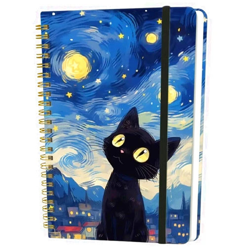 Yoiilifee Spiral Notebook - A5 Spiral Notebooks, 8.3'' × 5.8'', 160 Pages, Aesthetic Journaling Notebooks for Women, College Lined Notebook with Elastic Closure, Back Pocket, for School Office, Cat Sky