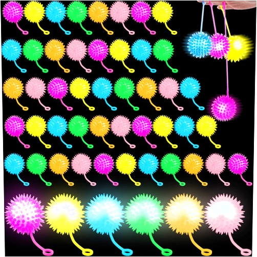 Sonarun 60 Pack 2.6 Inch Light Up Bouncy Balls Multicolor Flashing Balls LED Spike Ball with Rope Grows in The Dark for Classroom Prizes Birthday Party Gifts