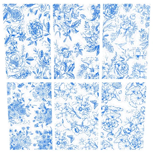 Wxiben Blue Flower Rub on Transfers for Crafts - 6 Sheets Vintage Floral Rub on Transfers for Furniture Bird Butterfly Chinoiserie Style Rub on Transfer Decal Stickers for Wood DIY Craft Office Home Decor