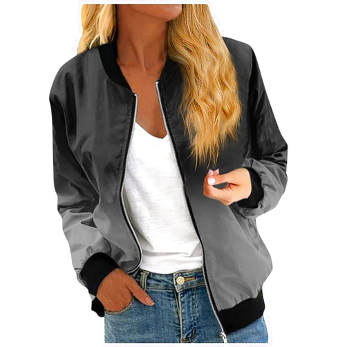 FlekmanArt Women's Casual Zip Up Bomber Jacket Spring Long Sleeve Coat Stand Collar Lightweight Short Outwear Tops
