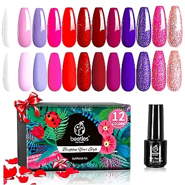 Beetles Gel Polish Beetles Gel Nail Polish Kit, 12 Pcs Love Bug Kit Soak Off LED Nail Gel Polish Red Pink Purple Nail Polish for Girlfriend for Women Mom DIY Home Nail Art Gift Kit Valentine's Day Box