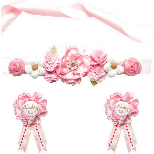 Afkengung Pink Maternity Sash Set Daddy and Mommy to be Corsage Pin Flowers Baby Shower Souvenir Sash Supplies Gender Reveal Decorations Pregnancy Photography Props（Pink）