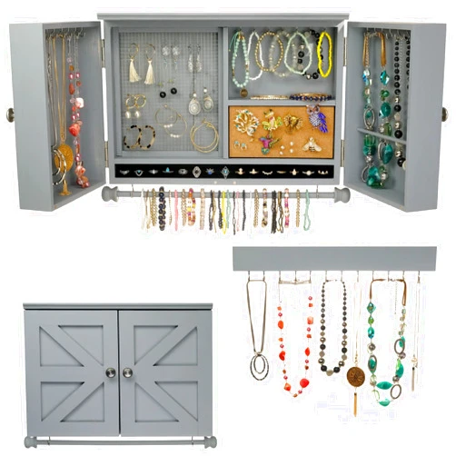EXCELLO GLOBAL PRODUCTS Rustic Wall Mounted Jewelry Organizer with Wooden Barndoor Decor. Jewelry holder for Necklaces, Earrings, Bracelets, Ring Holder, and Accessories. Includes hooks for hanging jewelry - Solid Gray