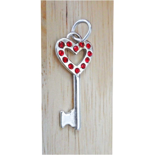 JumpingLight Sterling Silver 31x13mm Skeleton Key Heart Top with Red Crystals Charm!  - Jewelry Making DIY Crafting Charm Beads for Bracelets