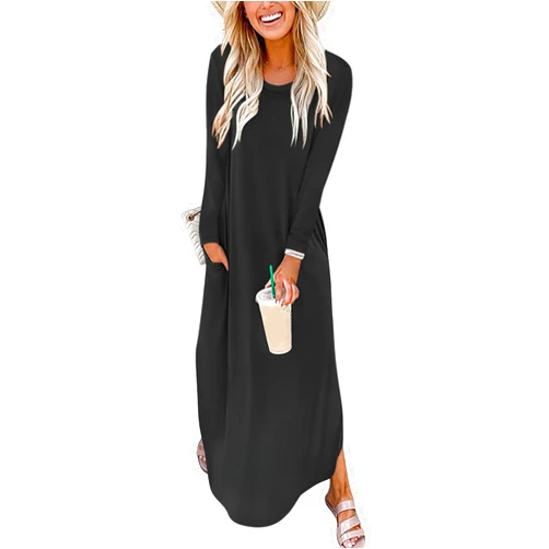 ANRABESS Women's Long Sleeve Maxi Dresses 2025 Fall Outfits Casual Loose Split Travel Vacation T Shirt Dress with Pockets
