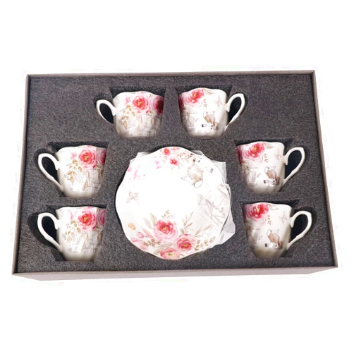GuangYang 12 pieces 7ounces 200ML Porcelain Tea cup Set of 6 Rose PatternTea Cups and Saucers Set for Tea Coffee
