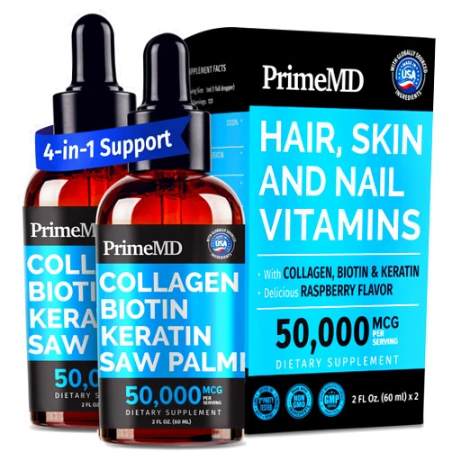 PrimeMD Liquid Collagen Peptides for Women - Complex with Biotin Vitamin, Hydrolyzed Keratin Protein and Saw Palmetto - Comprehensive Formula for Hair, Skin, and Nails Wellness - 2fl oz (Pack of 2)