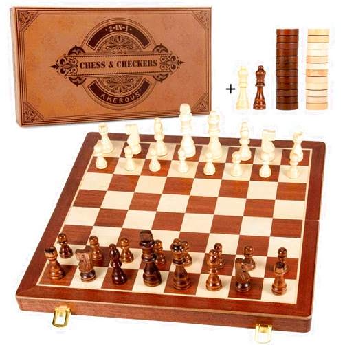 AMEROUS 15 Inches Magnetic Wooden Chess & Checkers Set (2 in 1) - Folding Board -Gift Box Packed -24 Cherkers Pieces -2 Extra Queens, Beginner Chess Set for Kids and Adults