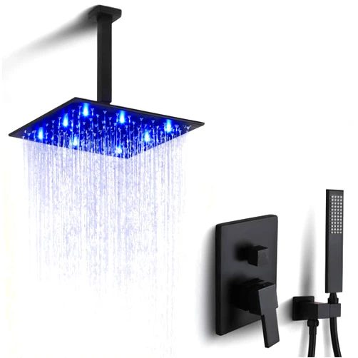 SKOWLL Matte Black Shower Faucet Set Rainfall Shower Head LED Shower Faucet Overhead Shower System Shower Head and Handle Set Ceiling Mount 12 Inch Shower Head with 2 Function Shower Valve Kit