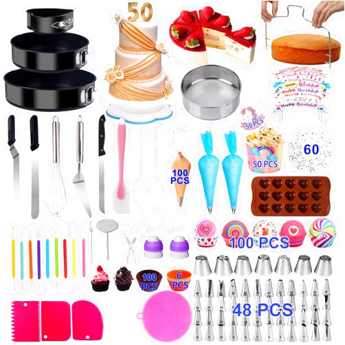 KOSBON 567 PCS Cake Decorating Kit Baking Supplies with 3 Springform Pans Set, Cake Decorating Supplies Rotating Turntable, Decorating Tools, Cake Baking Supplies Set for Beginners and Cake Lovers