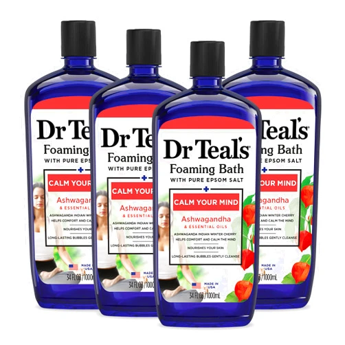 Dr Teal's Foaming Bath with Pure Epsom Salt, Ashwagandha, 34 fl oz (Pack of 4) (Packaging May Vary)