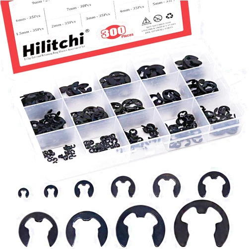 Hilitchi 300-Pcs Alloy Steel E-Clip Circlip External Retaining Ring Assortment Set - 1.5mm to 10mm