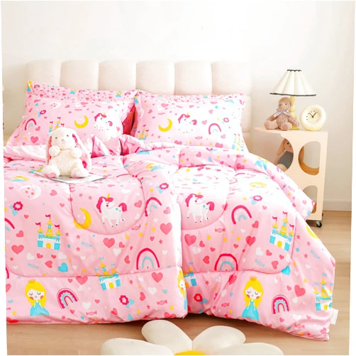 Viviland Girls Twin Comforter with Sheet Set - Kids Brushed Microfiber Twin Bedding Set - 5 Pieces Machine Washable Bed in A Bag, Sheet Set, Shams - Pink Unicorn Princess Rainbow