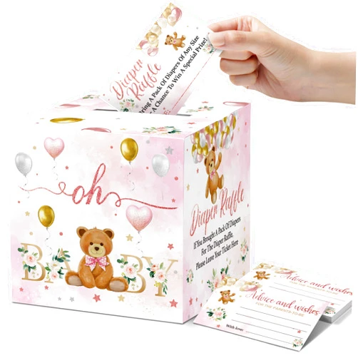 Skuhyyg 50 Piece Diaper Raffle Cards with Baby Shower Games Box - Pink Bear, Rose Balloon Bear Diaper Raffle Sign, Advice Tickets, Gender Reveal Birthday Party Game Set
