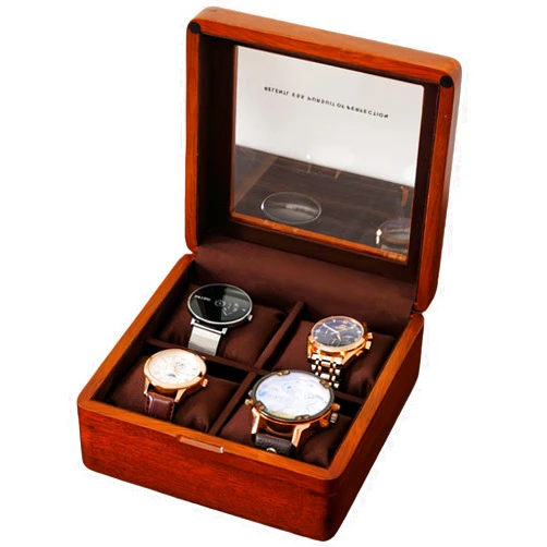 LIBOLXSP Watch Box, Watch Case for Men Women with Large Glass Lid, Wooden Watch Display Storage Box with 4 Slots, Solid Wood Walnut Mens Watch Box Organizer Velvet Lining for Father‘s Day Gift