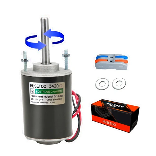 HUSETOO High Torque DC Motor 12V/24V, DIY Project Quiet Motor Permanent Magnet Motor with Cable Connector for Electric Motors and Generators, 30W CW/CCW 3500/7000RPM Motor (Round Shaft)