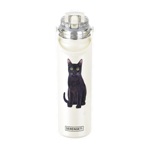 E&S Imports Black Cat Stainless Steel Water Bottle 24 Oz. with Spill Proof detachable straw - Double walled Vacuum Insulated water flask - Realistic 3D Print - SERENGETI waterbottle (Black Cat)
