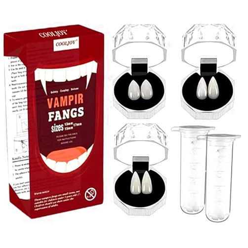 COOLJOY 3 Sizes Vampire Fangs Teeth with Adhesive Halloween Cosplay Props White Horror False Teeth Props Party Favors Masquerade Accessories Gift