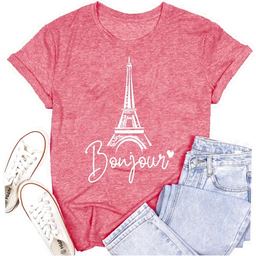 SUWATOIN Womens Paris Shirts Travel in France T-Shirt Eiffel Tower Bonjour Tee Tops