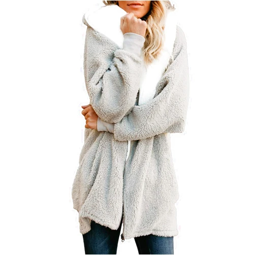 ReachMe Womens Fleece Zip Up Jacket with Pockets Oversized Long Sherpa Hoodie Fuzzy Jackets Warm Teddy Coat