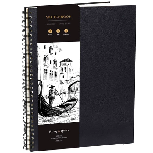 String & Space Artist’s Sketchbook Hardcover – 200GSM Very Thick Paper – Large, Spiral Sketch Book for Drawing and Mixed Media – Sketch Pad, Art Book - 11.4 x16.5, 40 Sheets / 80 Pages